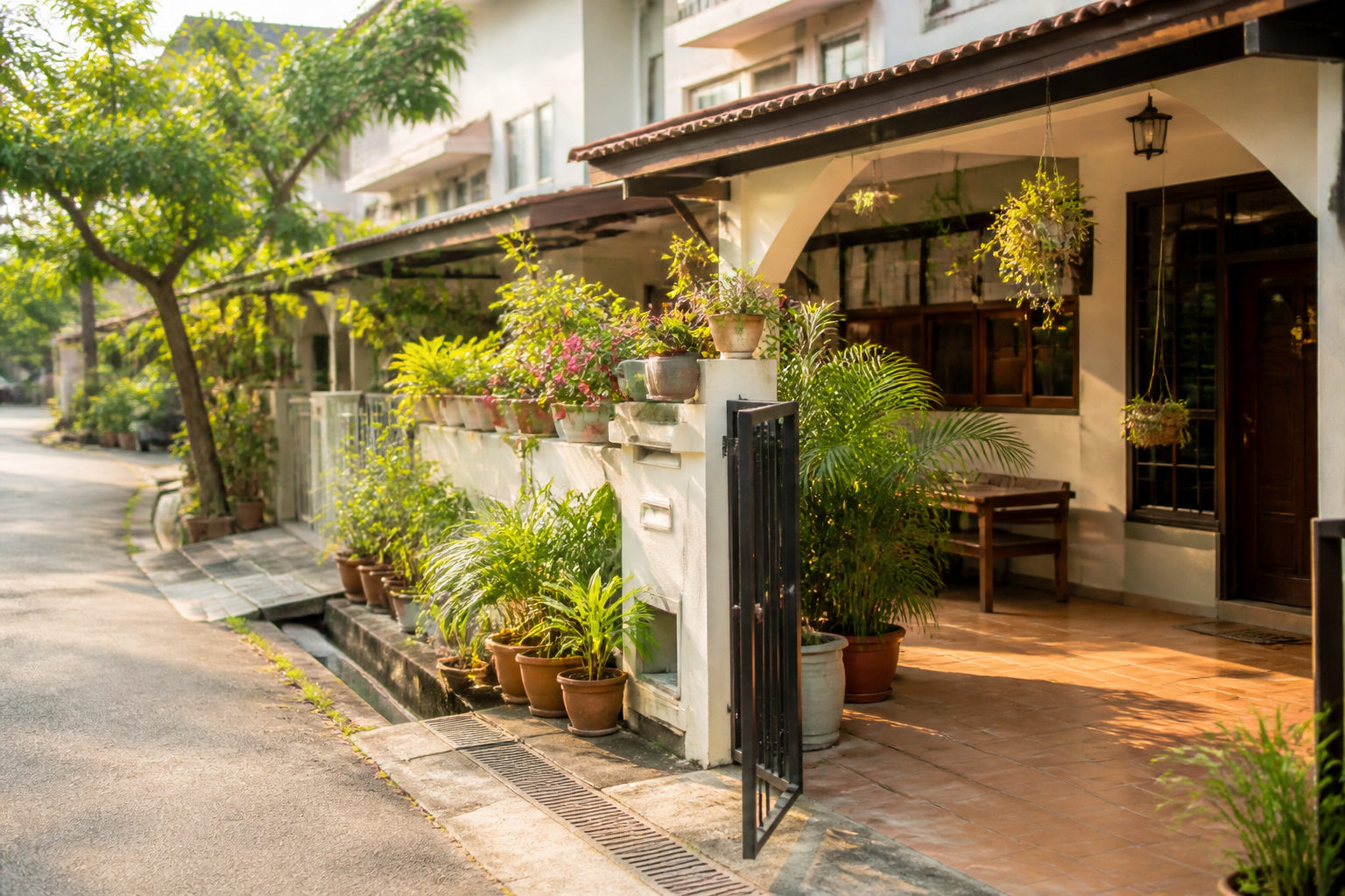 Rumah teres Malaysia dengan laman hijau